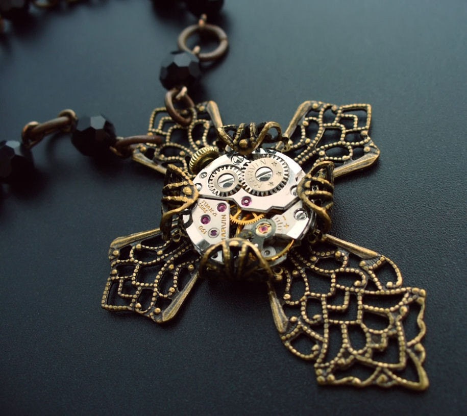SteamPunk Cross Clockwork Jewelry Art Necklace by Vintage Filigree Jewels
