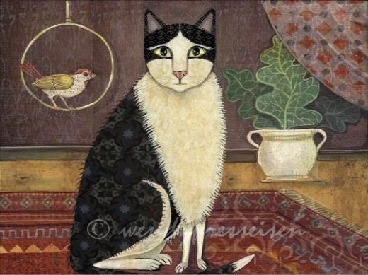 BOHO KITTY Tuxedo Cat w BIRD PLANT Oriental Rug SIGNED FOLK ART Wendy Presseisen VINTAGE OLD WORLD GRUNGE