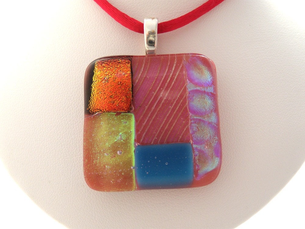 Pink Patchwork Dichroic Fused Glass Pendant