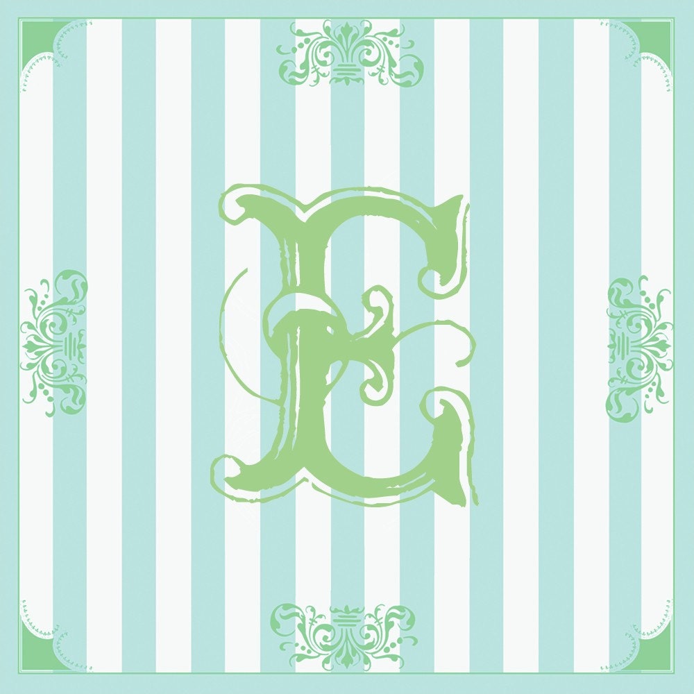 Initial Letter E print - Green with Blue Striped Background