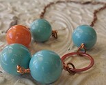 Turquoise and Coral Oyster Shell Beads with Rose Copper Ring on Copper Chain Necklace
