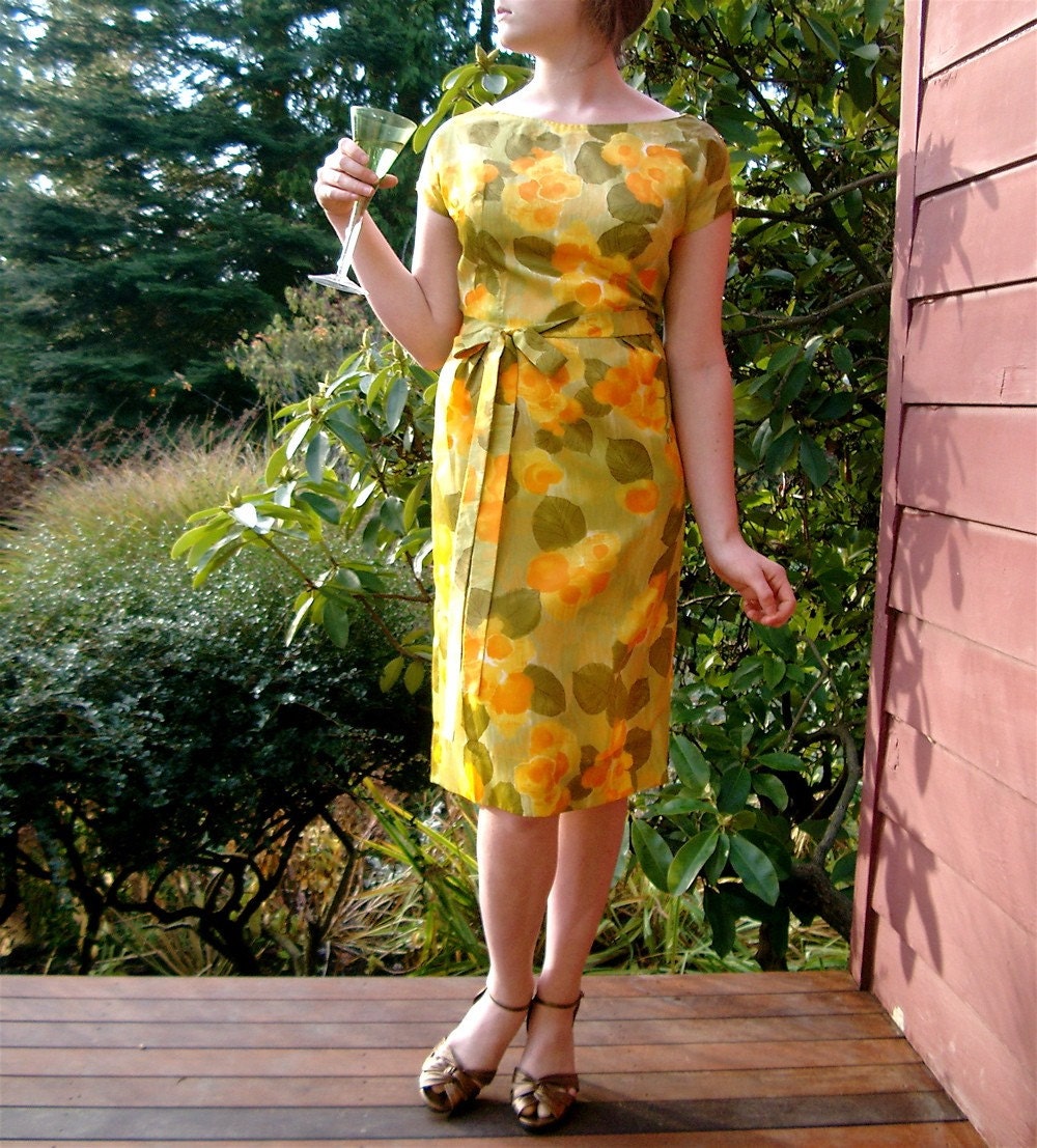 Delightful Vintage 1959-1960 Cocktail Party Dress, Wiggle Sheath in Warm Golden Yellow and Olive Floral Satin