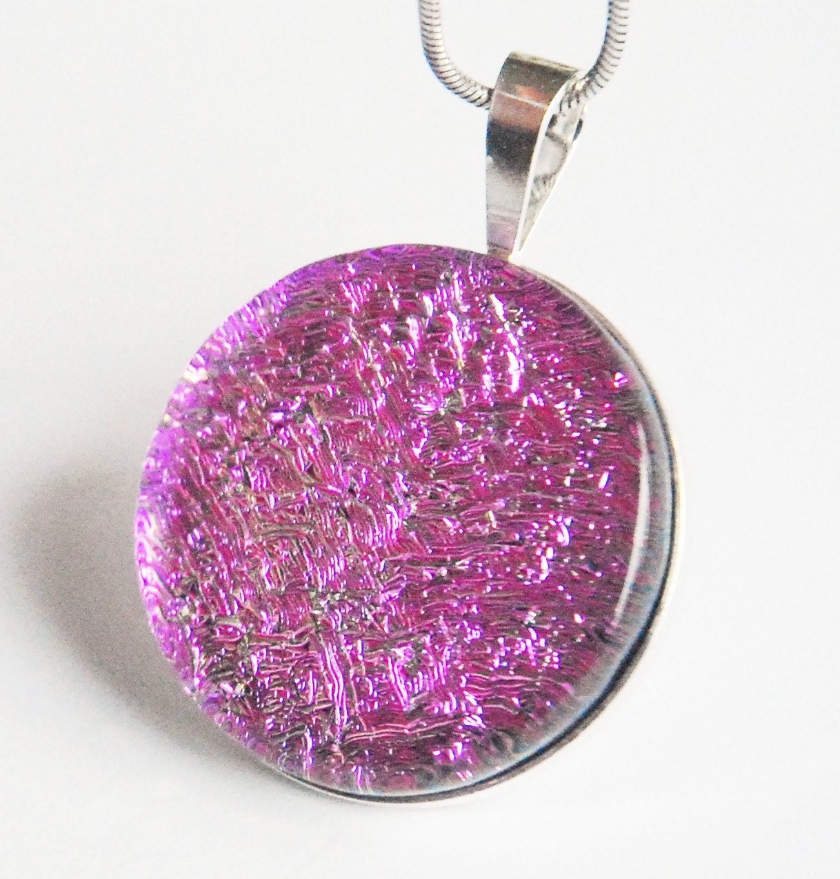 Vibrant Pink Fused Dichroic Glass Sterling Silver Pendant 