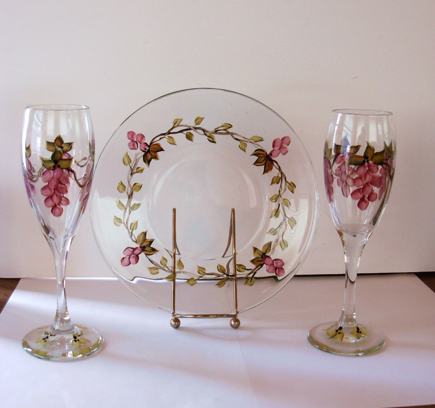 Hand Painted Grapes Wine Glass Set and Plate