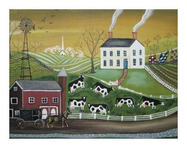 AMISH COUNTRY LANDSCAPE Horse Buggy Windmill COWS QUILTS CHURCH Wendy Presseisen Painting FOLK ART PRINT