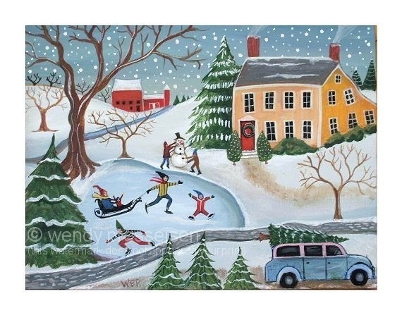 CHRISTMAS LANDSCAPE FOLK ART PRINT Snowman Sled Xmas Tree Skaters FUN WINTER SCENE Signed Wendy Presseisen -- 11 X 14 -
