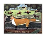 FOX HUNT, signed FOLK ART PRINT w PRIMITIVE RED FOX Horse Rider Dog HUNT SCENE Country  Landscape HUNTER 