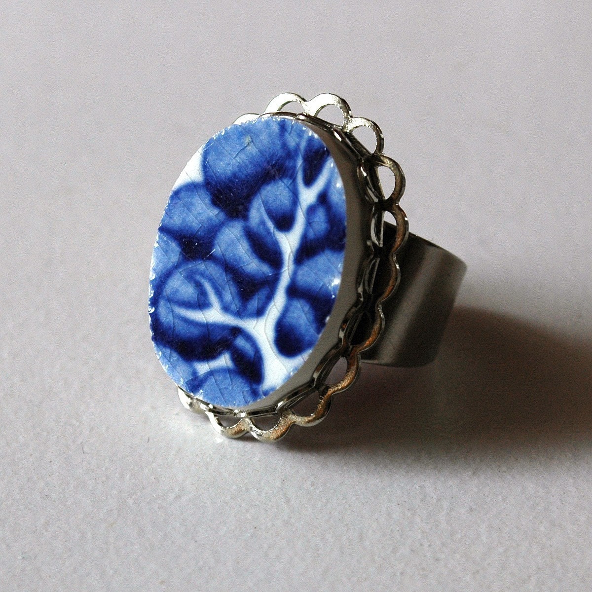 Blue and White Tree Broken Plate Ring 