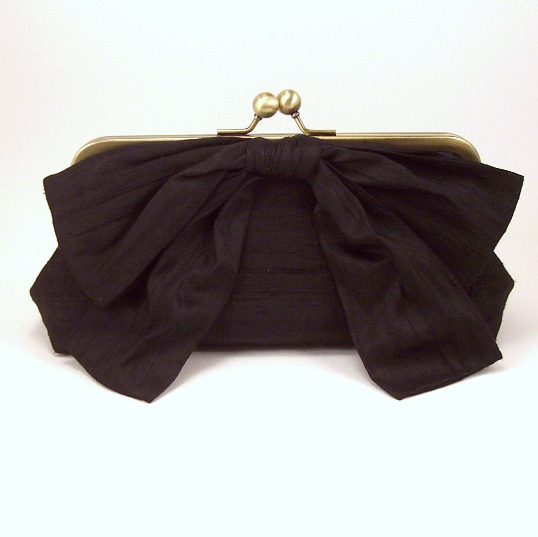 Big Bow Baguette Clutch - Black Dupioni Silk