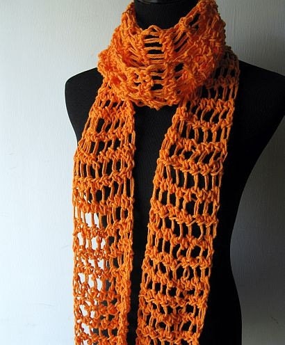 Cotton Scarf - Citrus Orange Spring Summer Lightweight Crochet Scarf - Free Shipping