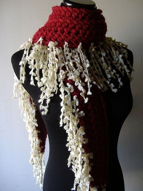 Fringe Scarf - Cranberry Red with White Fringies by Beautiful Bridget