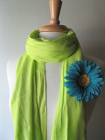 Fabric Summer Scarf in Lime Green with Teal Blue Flower Brooch Pin Free Shipping