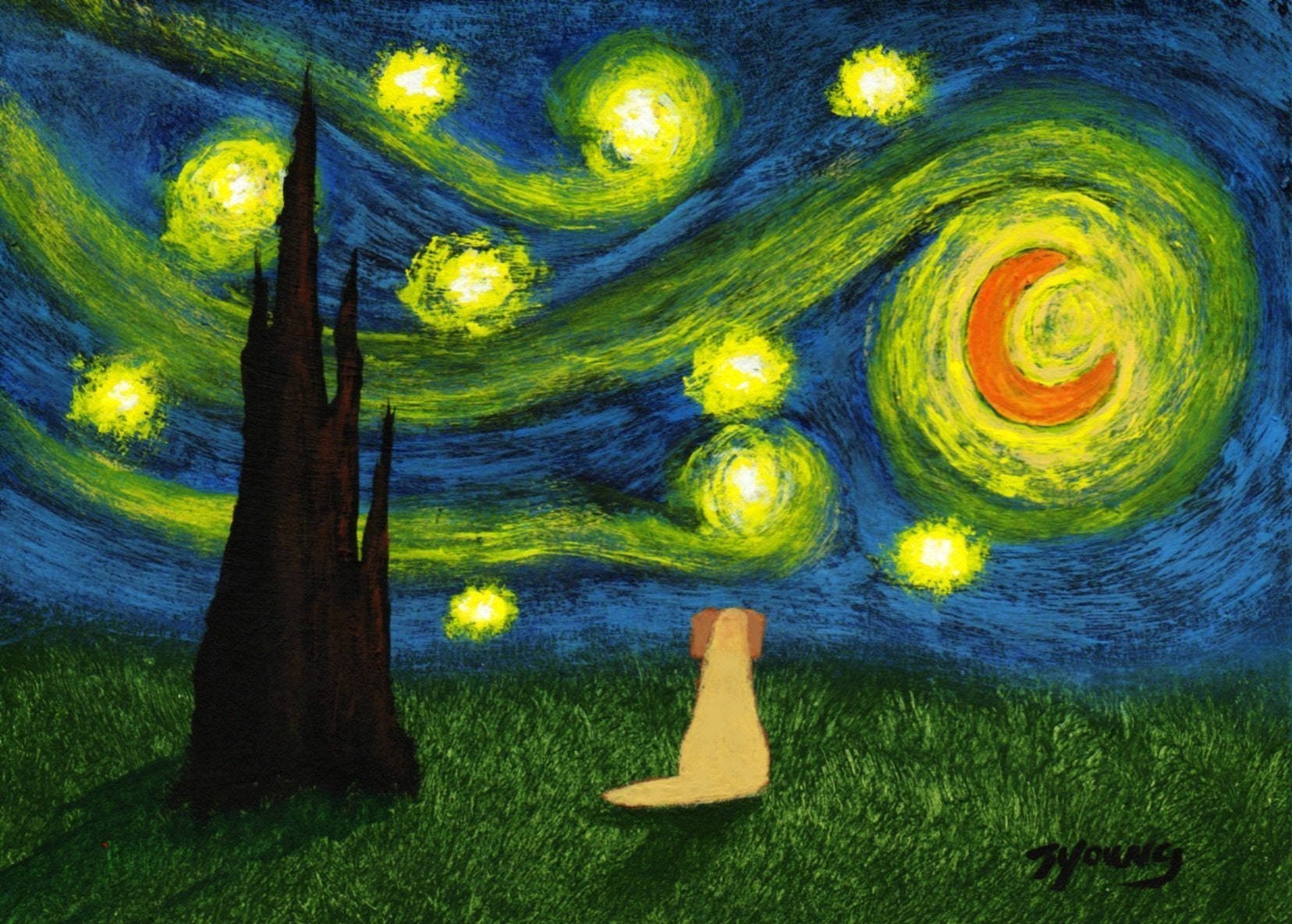 Yellow Lab UNDER A STARRY SKY art PRINT of Todd Young painting