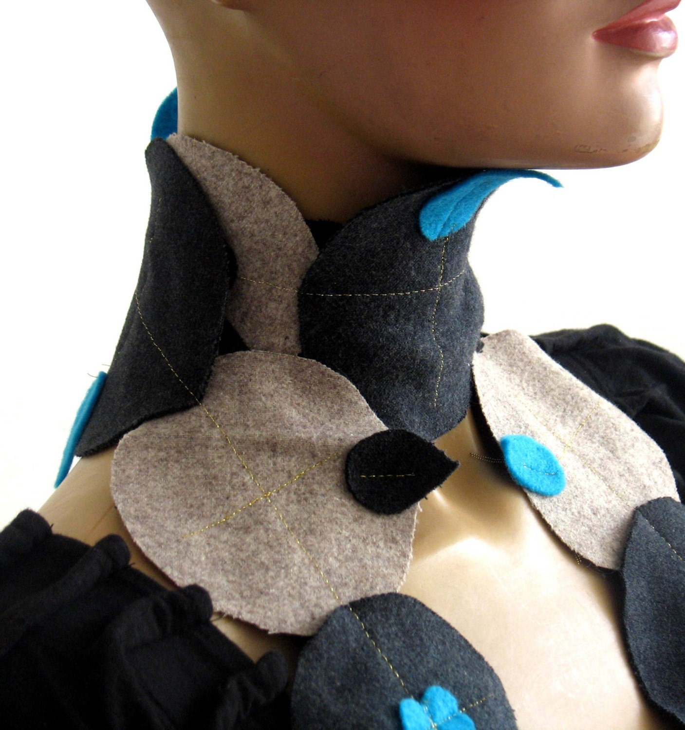 Necklace scarf, felt turquoise hearts with grey wool dots
