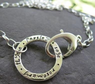 Journal Circle NECKLACE . Parsley, Sage, Rosemary, Thyme . NEW Journaling Lowercase Font . READY TO SHIP in 16 inch length-