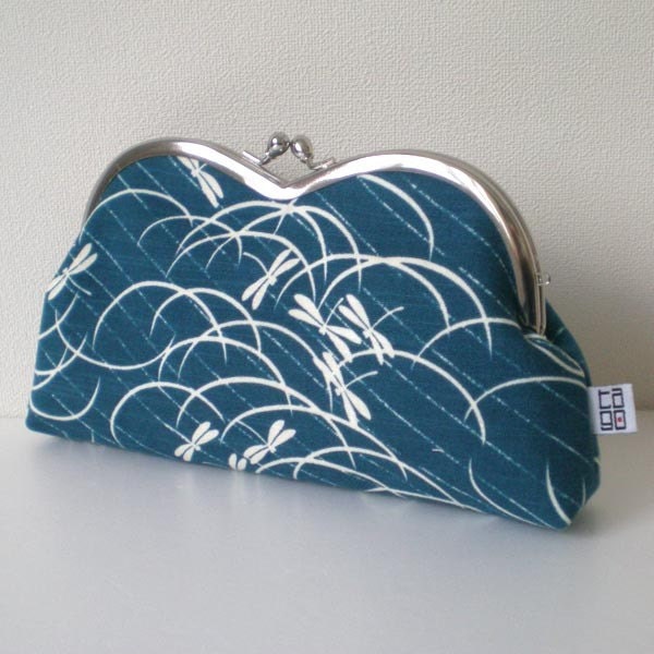 Japanese Kimono Framed Heart Pouch, Quilted, Dragonfly in Blue