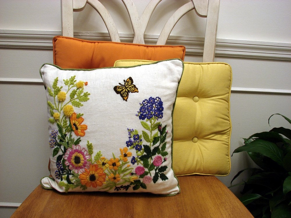 Butterflies Are Free Vintage 1960's 1970's  Embroidered Linen Garden Scene Pillow