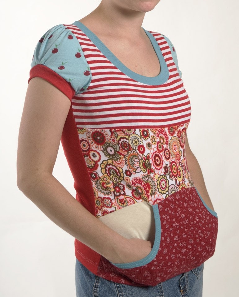 Red and Blue T-shirt made with Upcycled Materials-Cute Puffy sleeves-Kangaroo pocket-XSmall