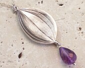 SALE - African Violet - Silver Flower Petal Large Single Drop Amethyst Necklace