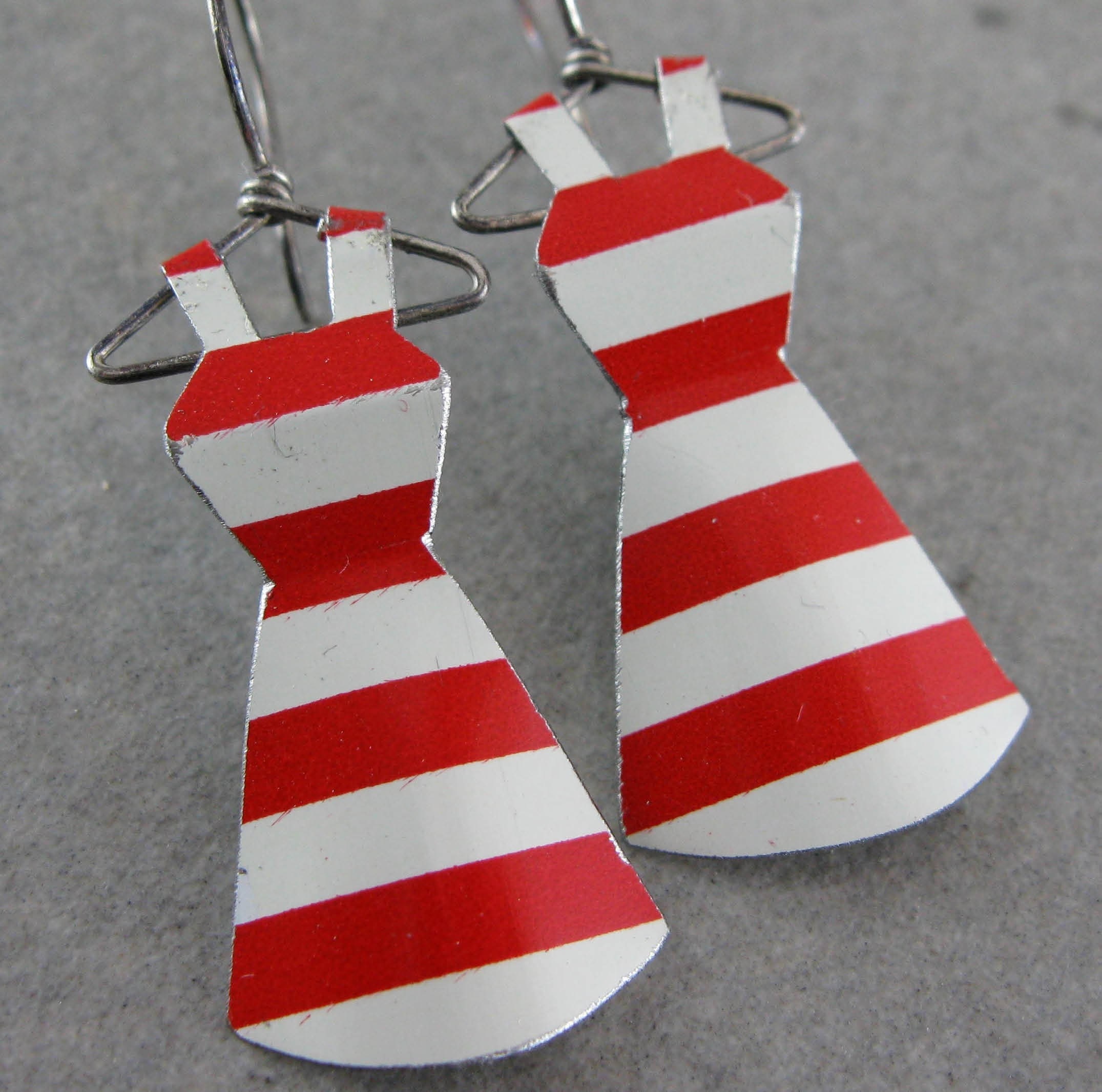 Recycled Vintage Tin Mini Dress Earrings- No. 95 Red/White stripes