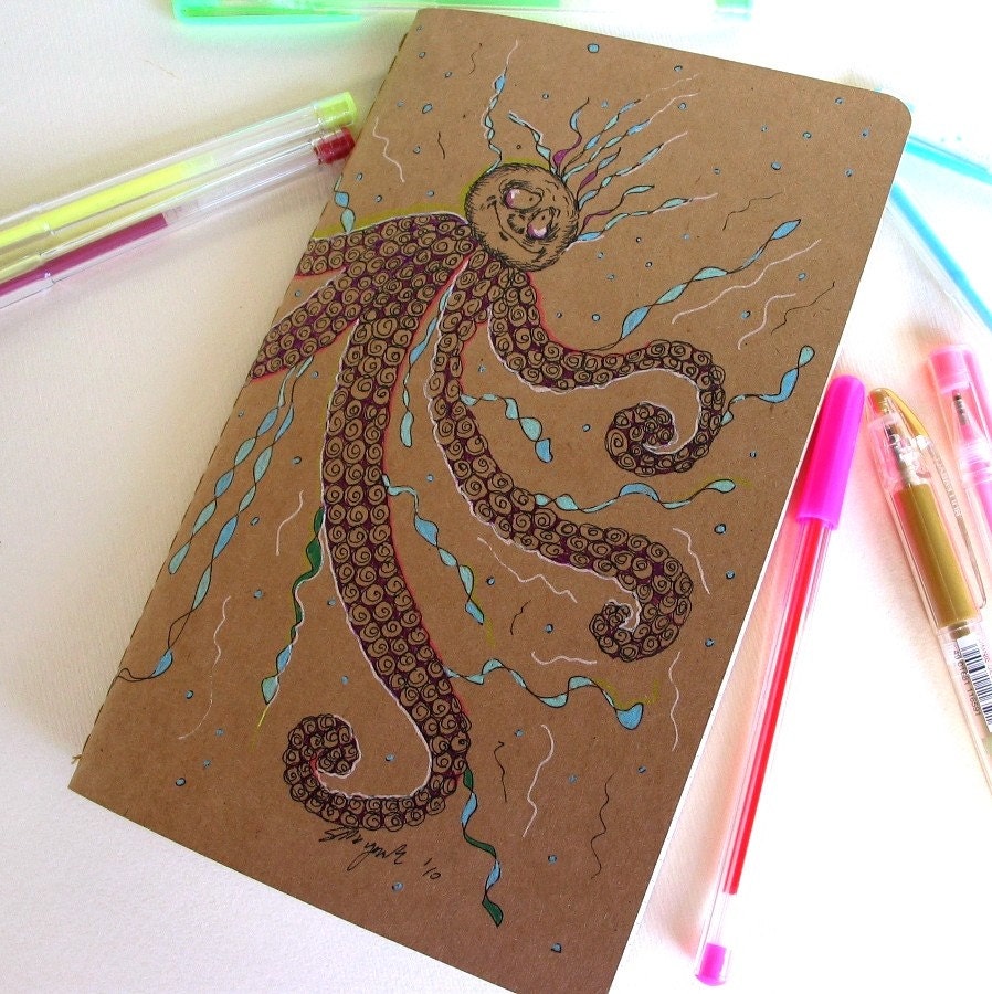 Hand Drawn OOAK Large Squared Moleskine Journal-Octopus
