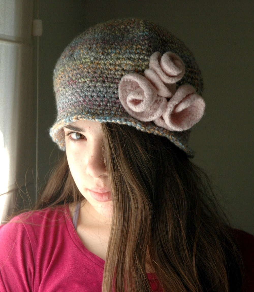 Cloche Hat with Soft Pink Felted Roses
