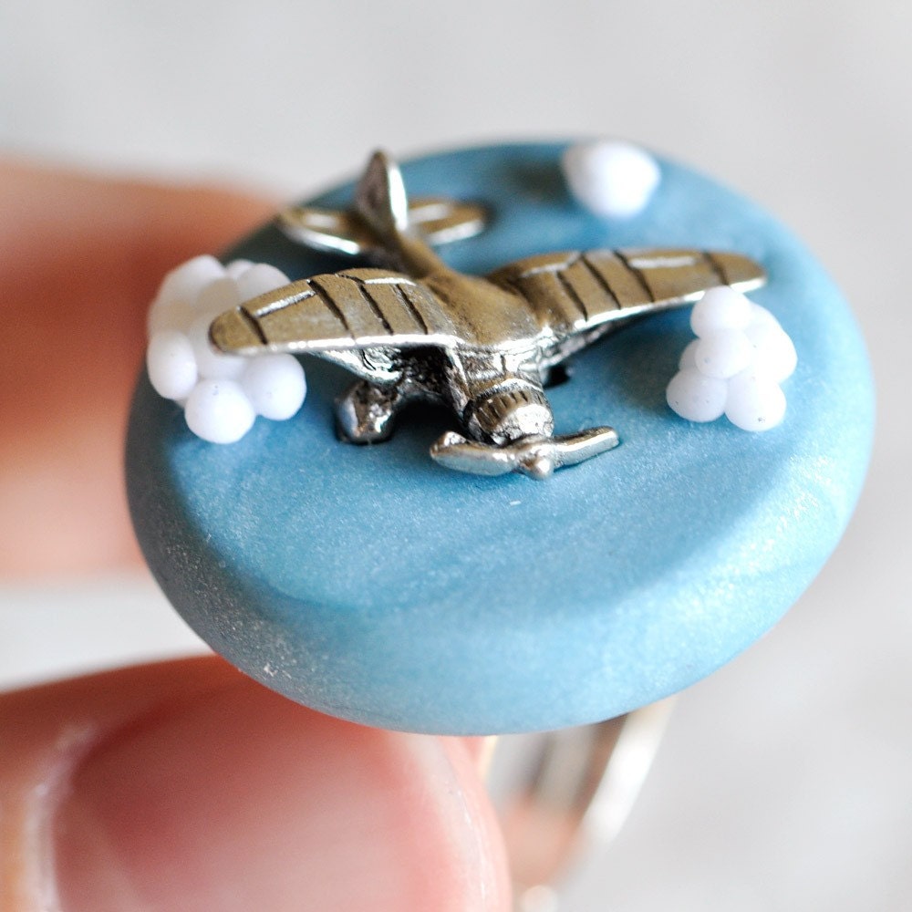 Airplane Ring in Perspective in Sky Blue Polymer Clay