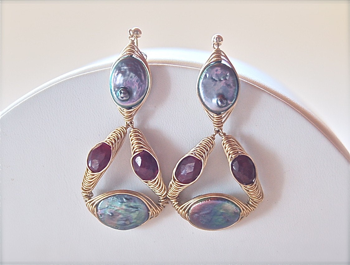 Modern Royal Chandelier Earrings-Gold, Rubies, Pearls