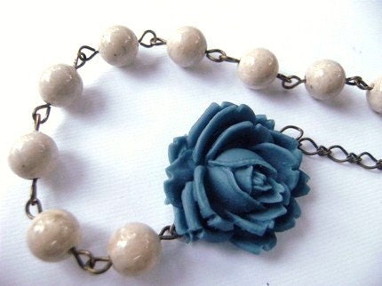 Handmade Necklace Denim Blue Rose and Riverstone