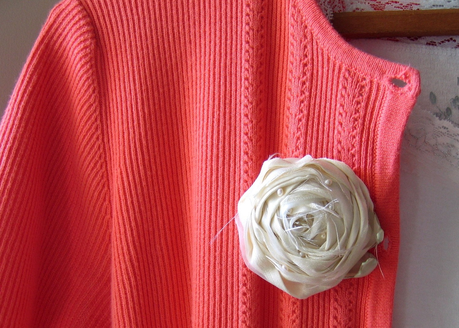 Fabric Rose Flower Brooch Ethereal with Petite Peach Fresh Water Pearls