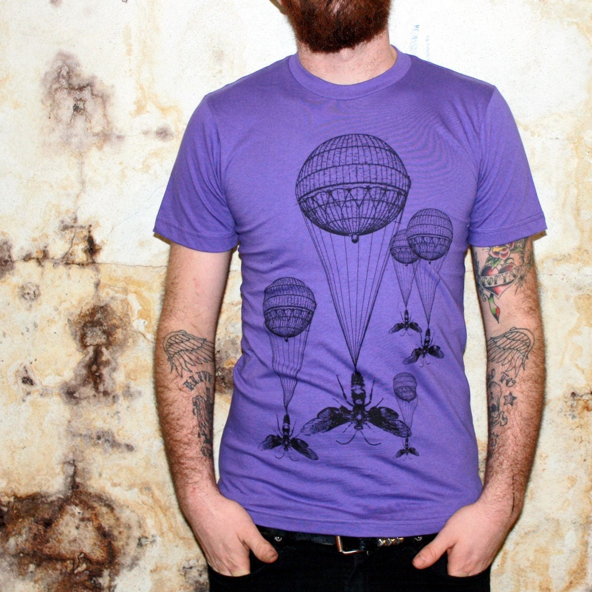 Steampunk TShirt - Hot Air Balloon Wasp Illustrated Design - American Apparel Purple Shirt - Free Shipping - Available in XS, S, M, L, XL and XXL
