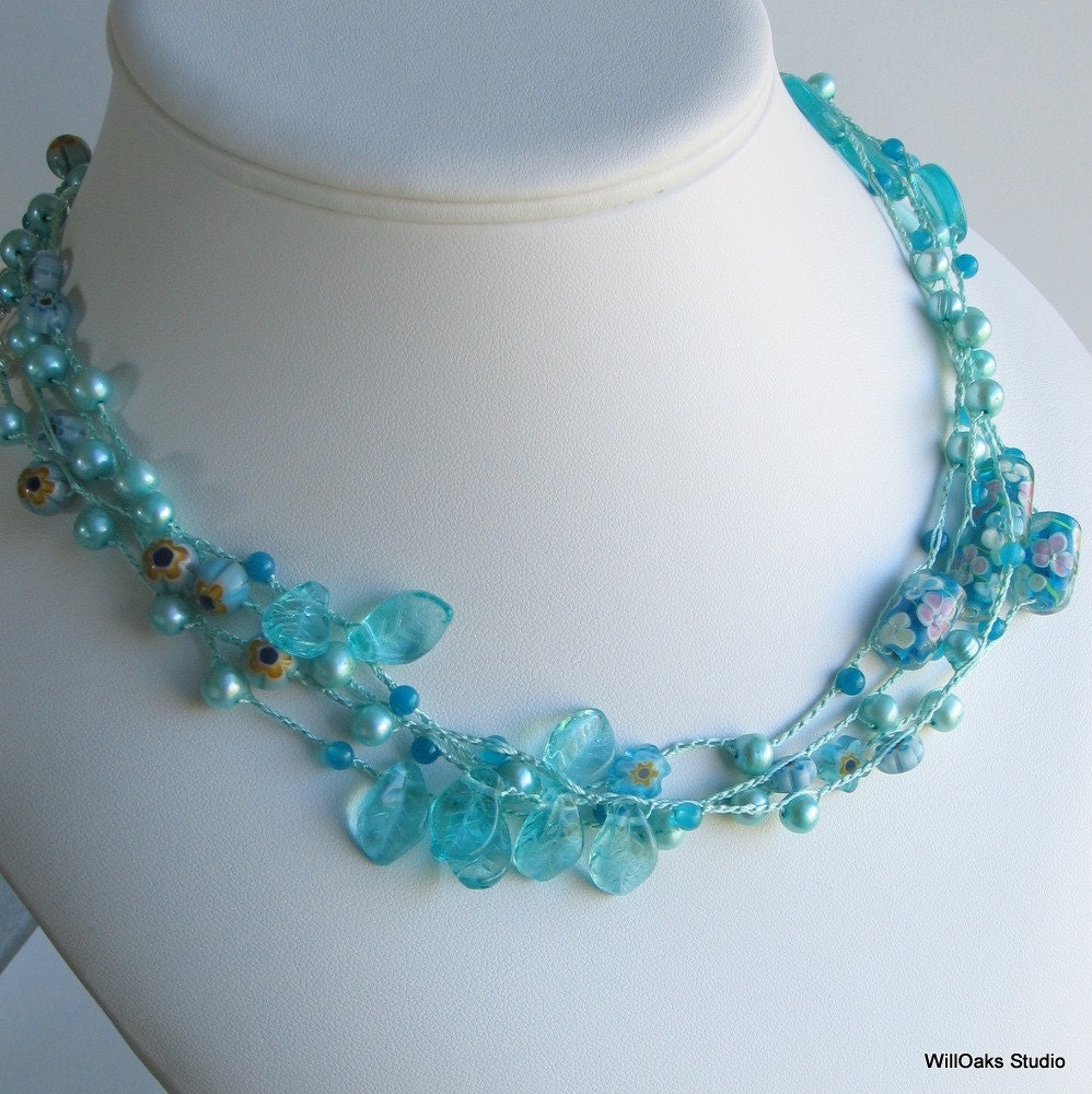 Shades of Turquoise Glass and Silk Long Necklace or Wrap Bracelet