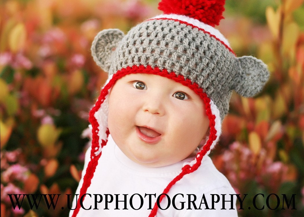 Newborn to 3mo Sock Monkey Beanie Earflap Hat (Red, White, and Gray)