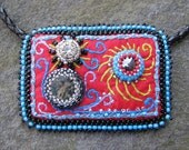 Bead embroidered pendant strange universe on leather and sterling necklace