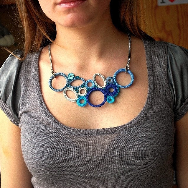 Best Seller - Turquoise, Teal, Blue, Grey Bib Crochet Necklace