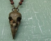 Sparrow Bird Skull Necklace With Vintage Wood Rosary