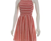 1970's AUTHENTIC VINTAGE Red and Cream Ethnic Block Print Mini Halter Dress for Indie, Hipster, Stylish Women