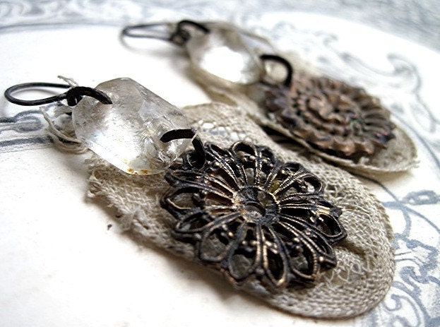 The Winged Energy of Delight. Antique Chandelier and Textile Earrings.