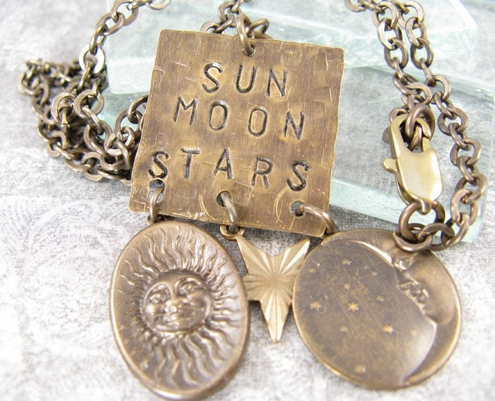 Sun Moon and Stars Hand Stamped Metal Necklace