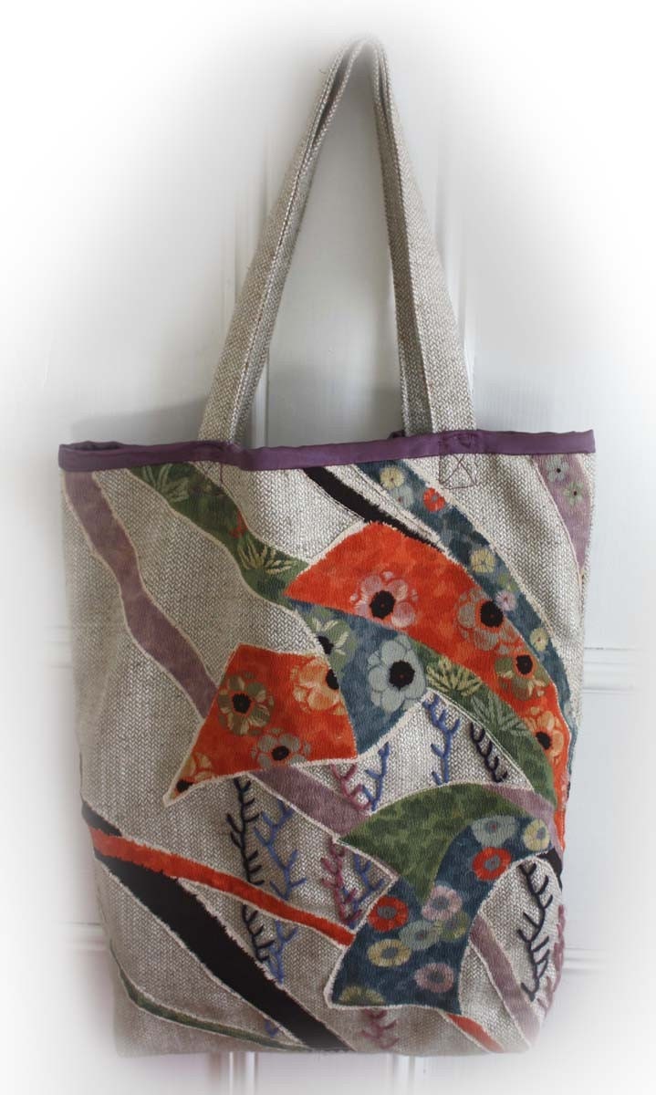Noshi Tote Bag Linen and Vintage Silk Detail. By Kaftan.Sarafan