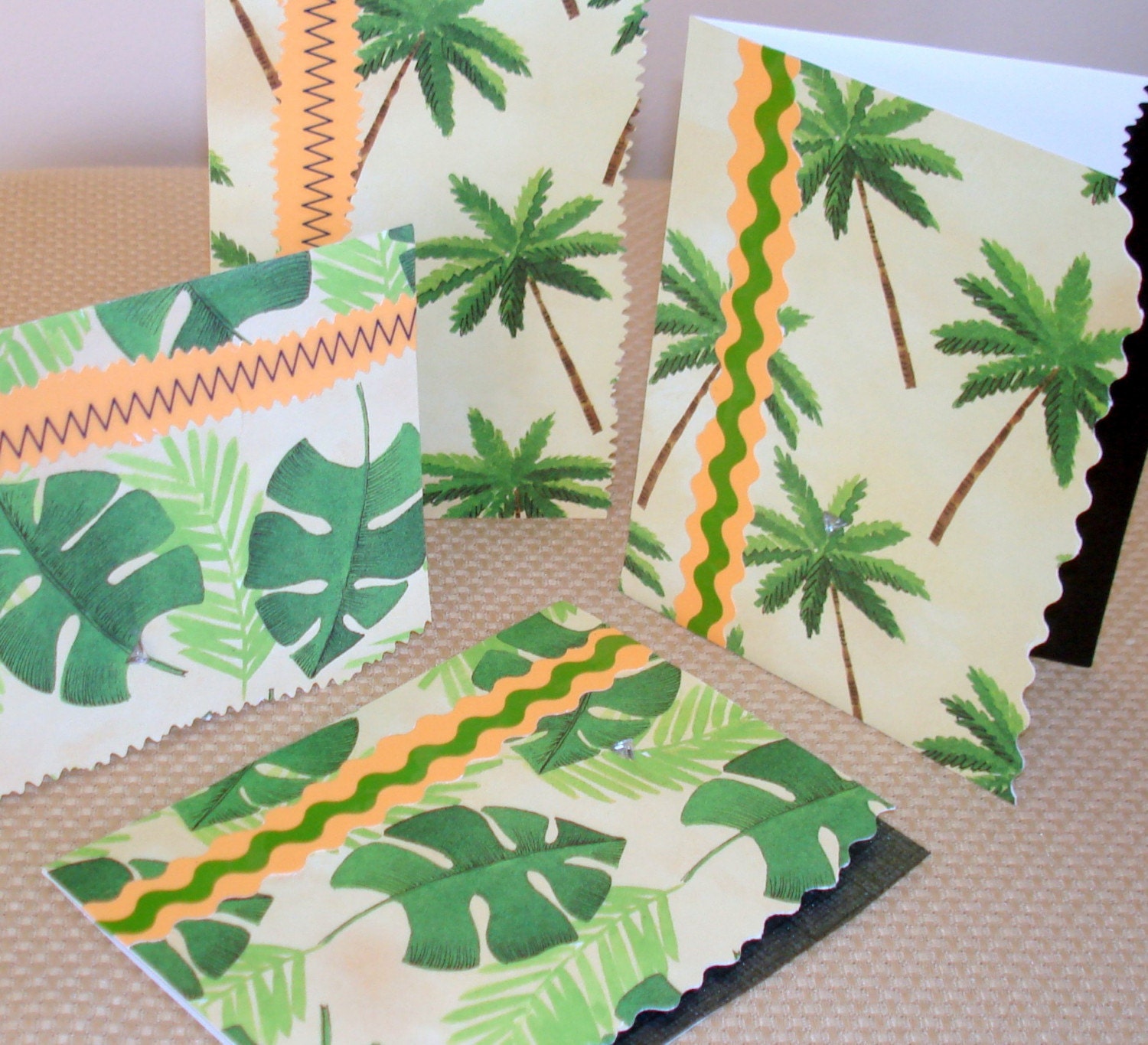 Note Cards, TROPICAL AND GREEN Theme, Handmade, Set of 4, Shipping Included