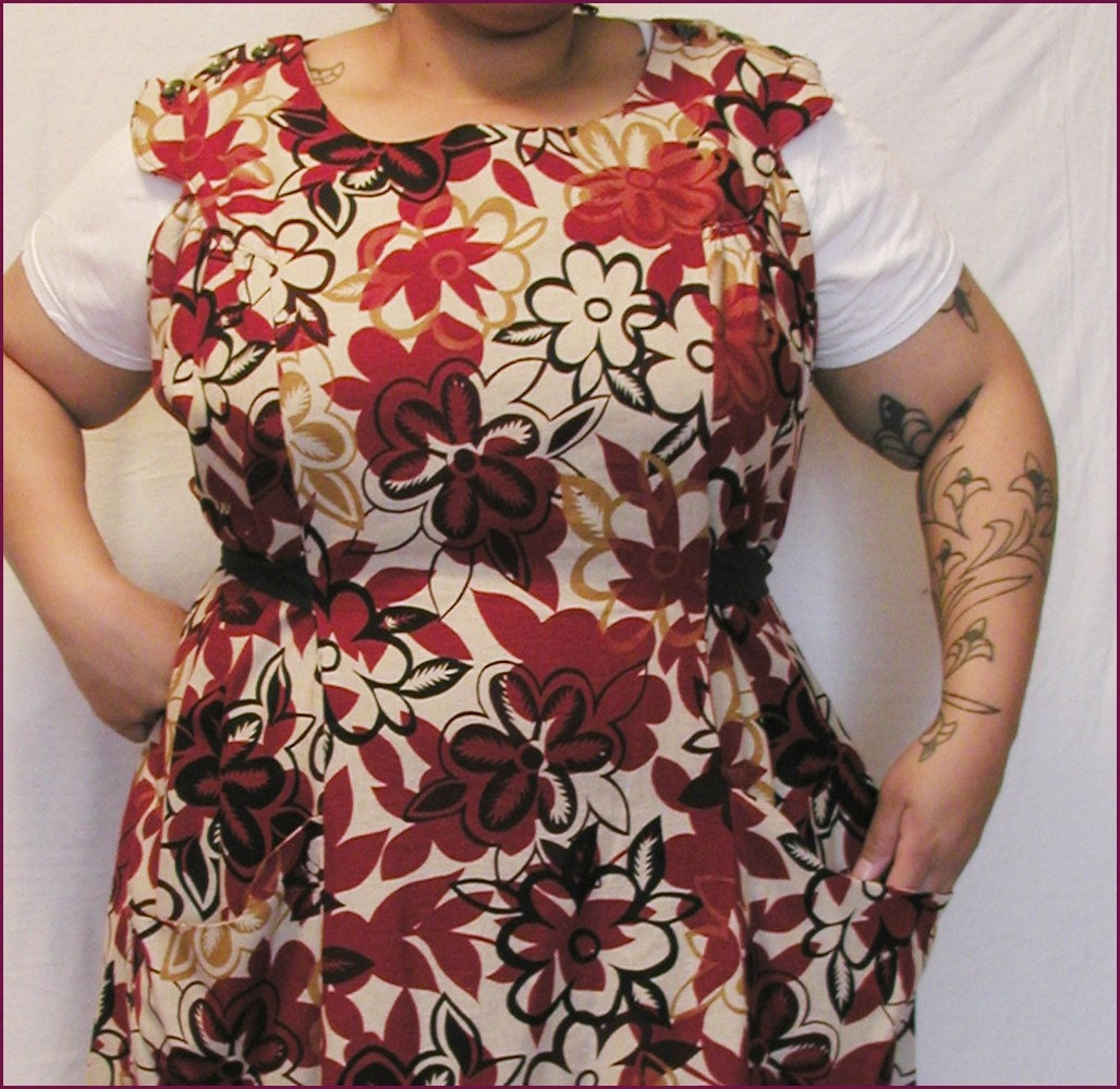 1950s handmade reproduction vintage inspired flower print dress jumper in linen blend fabric 50 bust PLUS SIZE