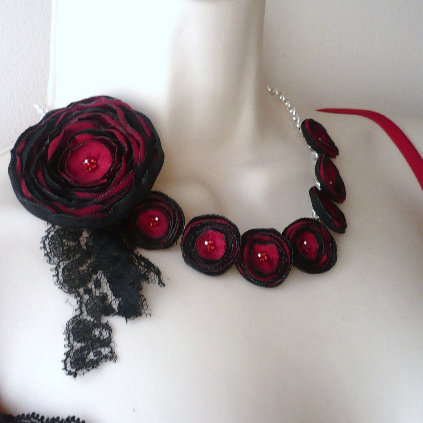 Gothic Black And Red Flower Tattered Lace Necklace