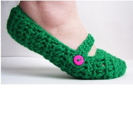 Womens Crochet Mary Jane Slippers-Kelly Green