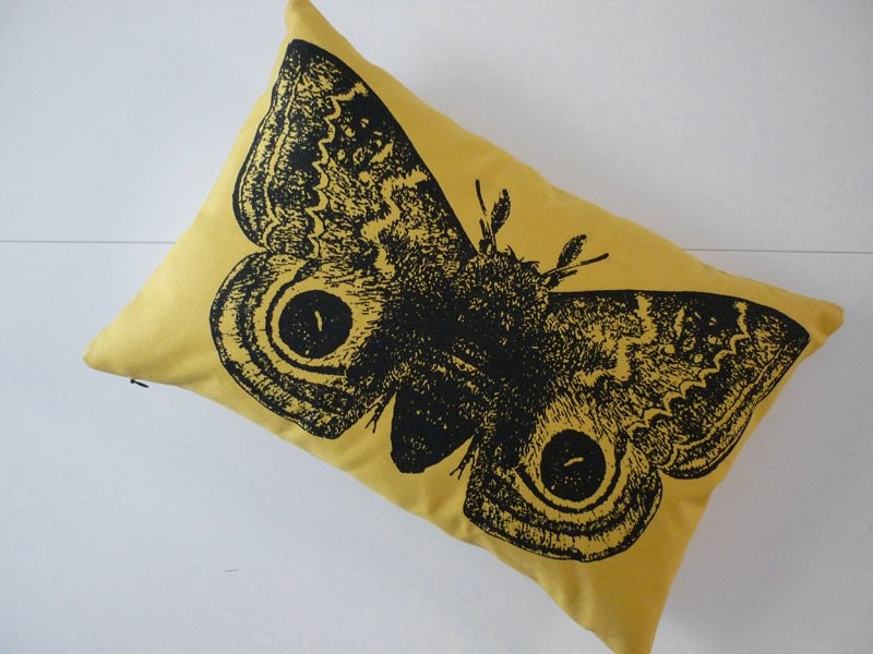 Giant IO Moth silk screened cotton throw pillow 18x12 yellow black