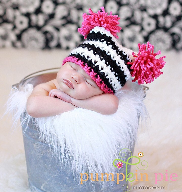 READY TO SHIP. Newborn sized sack hat in black/white stripes with pink. Newborn photo prop.