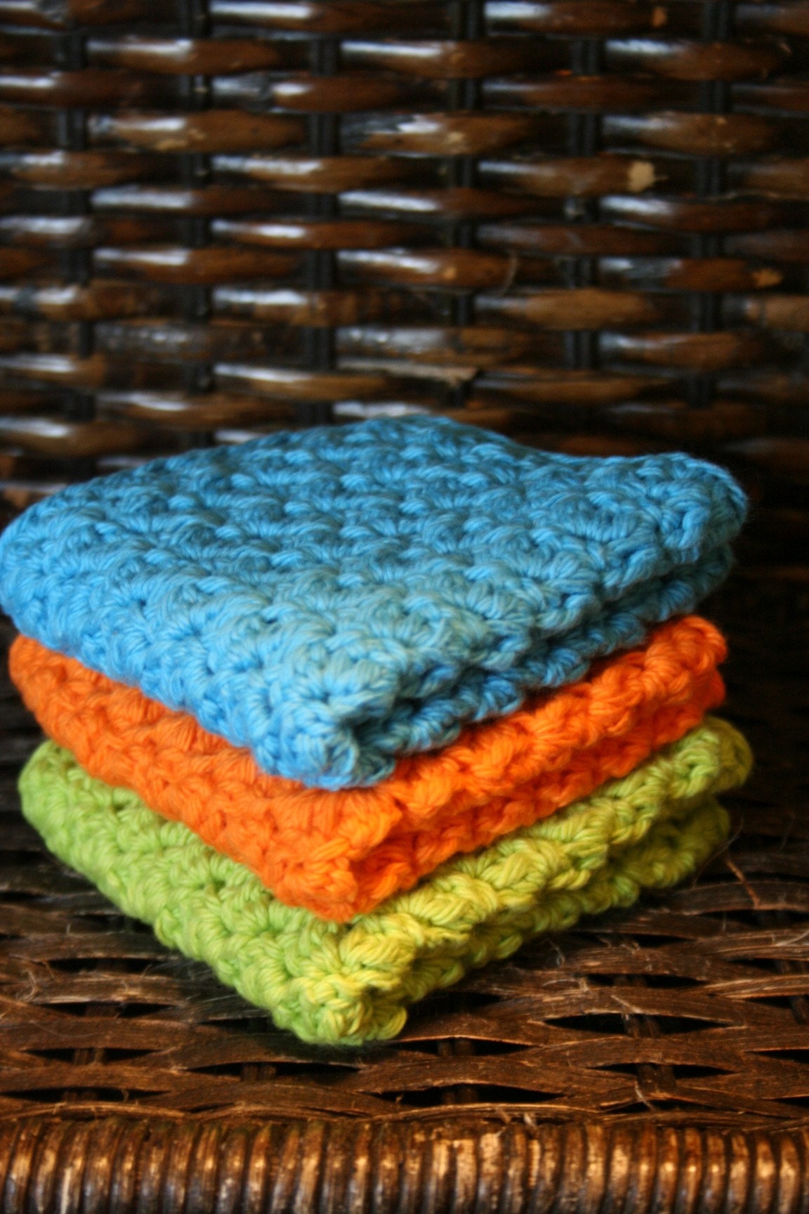 Set of 3 Washcloths - Bright Blue, Orange, and Green
