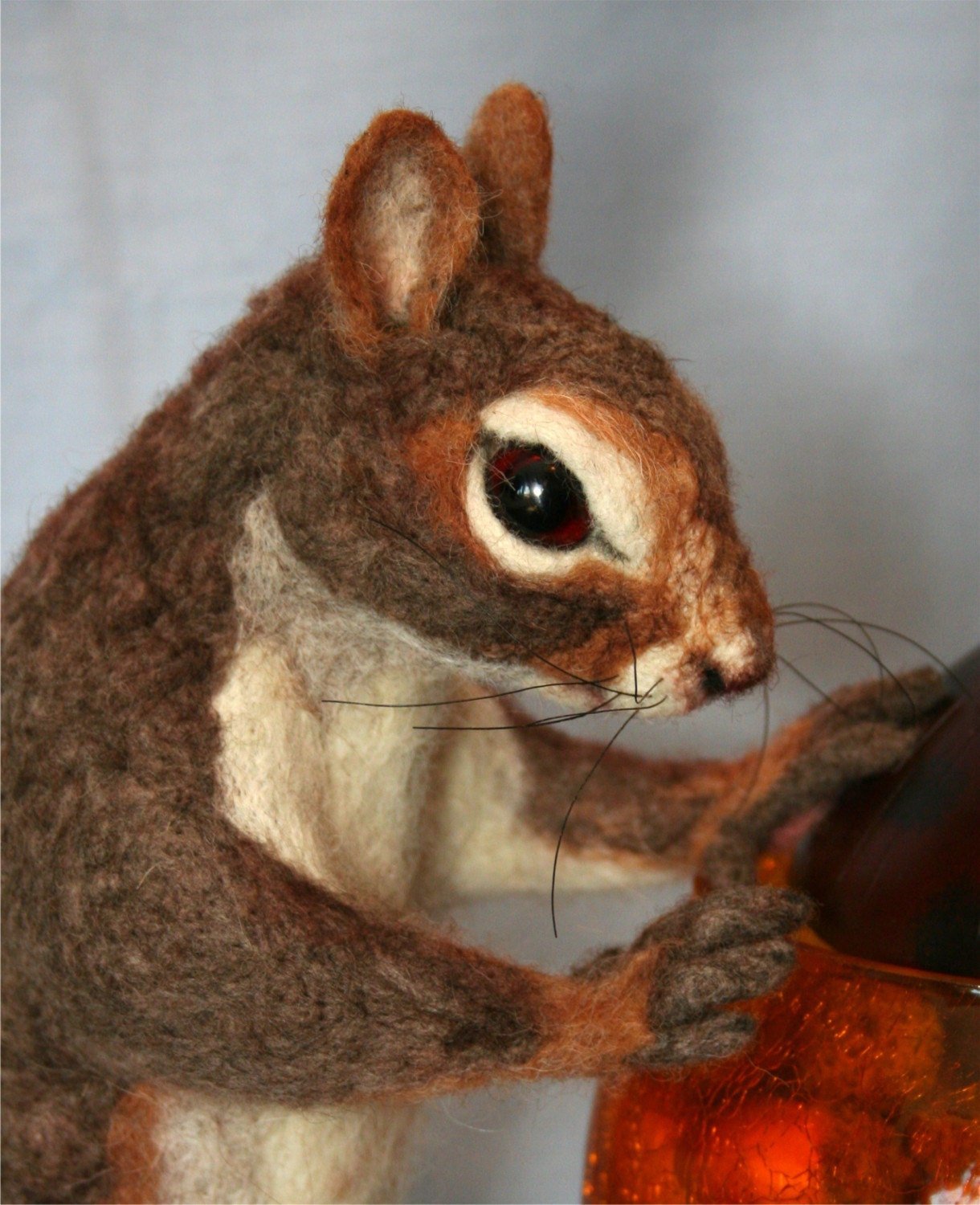 2010 Golden Teddy Award Nominee OOAK Needle felted Life Size Nutkin Mother squirrel w/Amber Glass Nut jar