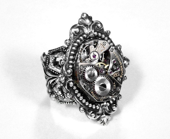 Steampunk Ring -- Neo Victorian Inspired Vintage Ruby Jeweled Watch Movement on Adjustable Silver Filigree Ring - Victorian Style Ornate Renaissance Motif Silver Setting - EXQUISITE VICTORIAN LOOK....Offered by edmdesigns