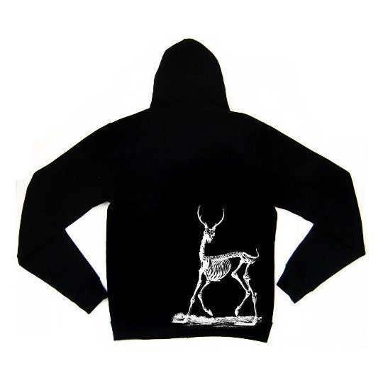 Mens Zip Front Hoodie in Black feat. Deer Skeleton print in White - Available in S, M, L, XL